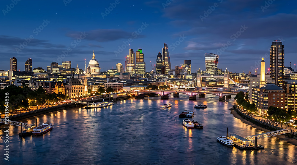 Fototapeta premium London skyline at dusk with illuminated landmarks and river.