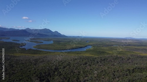 Aerial view of Hinchinbrook Channel and mountains near Cardwell