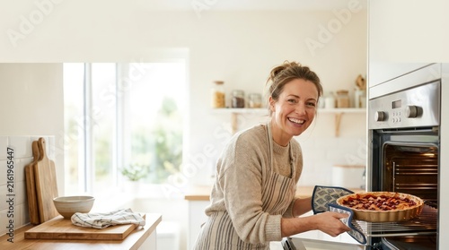 Happy Woman Taking Fresh Baked Cherry Pie Out of Oven in Kitchen