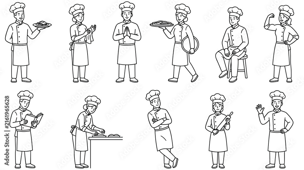 Naklejka premium Professional chefs in various poses and culinary work outfits for food industry.