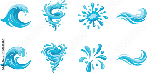 Professional Vector Illustration Set of Blue Water Waves Splashes and Whirlpool Swirls for Commercial Graphic Design