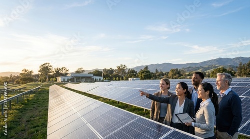 Group of diverse professionals inspecting large solar panel installation outdoors
