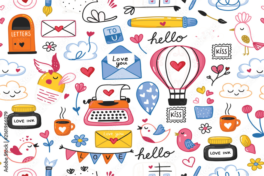 Naklejka premium Cute Love and Valentine Doodle Elements Collection with Letters, Hearts, Hot Air Balloon, Typewriter, Birds, Flowers, and Romantic Hand Drawn Icons
