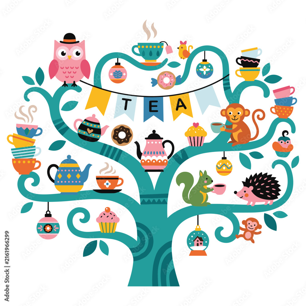 Naklejka premium Illustration of magical tea tree with cute woodland animals and hanging treats and snacks.