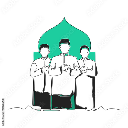 фотографія One line drawing of Islamic congregational prayer with Imam and two Makmum in Salah
