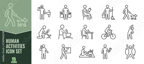 Set of 15 human activities line icons, including walking dog, cooking, cleaning, reading, exercising, and working, vector illustration for daily routine concepts