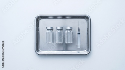 Medical vaccine vials and syringe on metal tray on white background