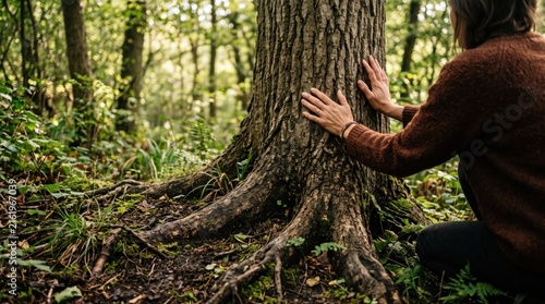 Woman hugging big old tree trunk in green forest, environmental conservation and nature connection concept, eco-friendly lifestyle