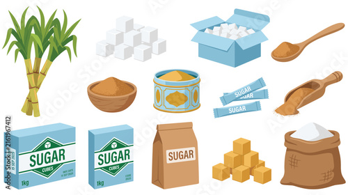 Photography Sugar cane and different types of refined brown white sugar products