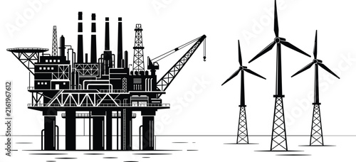 Offshore industrial energy generation vector concept featuring an oil drilling platform alongside marine wind turbine structures