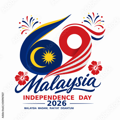 Happy Malaysia Independence Day 2026 emblem featuring 69th anniversary number, red hibiscus flowers, and festive fireworks.