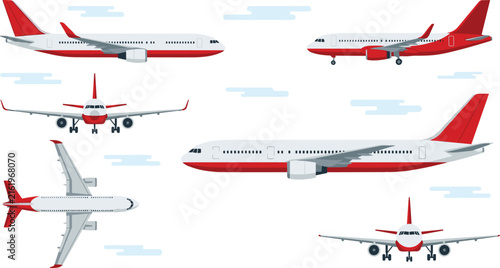 Bild auf Leinwand Commercial Airplane Vector Set Featuring Passenger Jets from Front Side and Top
