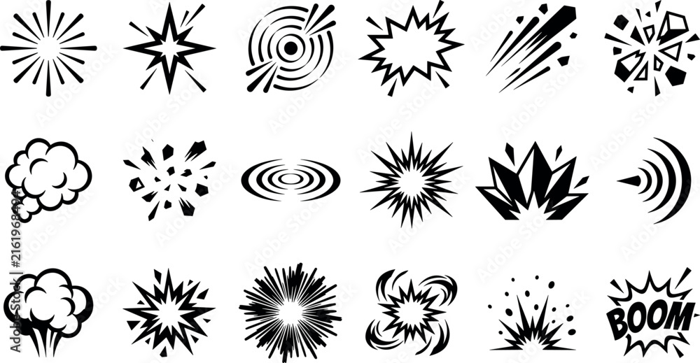 Obraz premium Comic book explosion and blast effect icon set featuring black pop art starbursts smoke clouds shockwaves flash sparkles and boom bubbles.