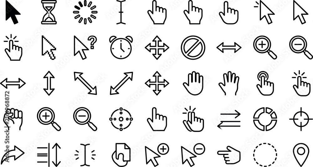 Fototapeta premium Computer mouse cursor and arrow linear icon set with diverse click hand pointer web UI elements