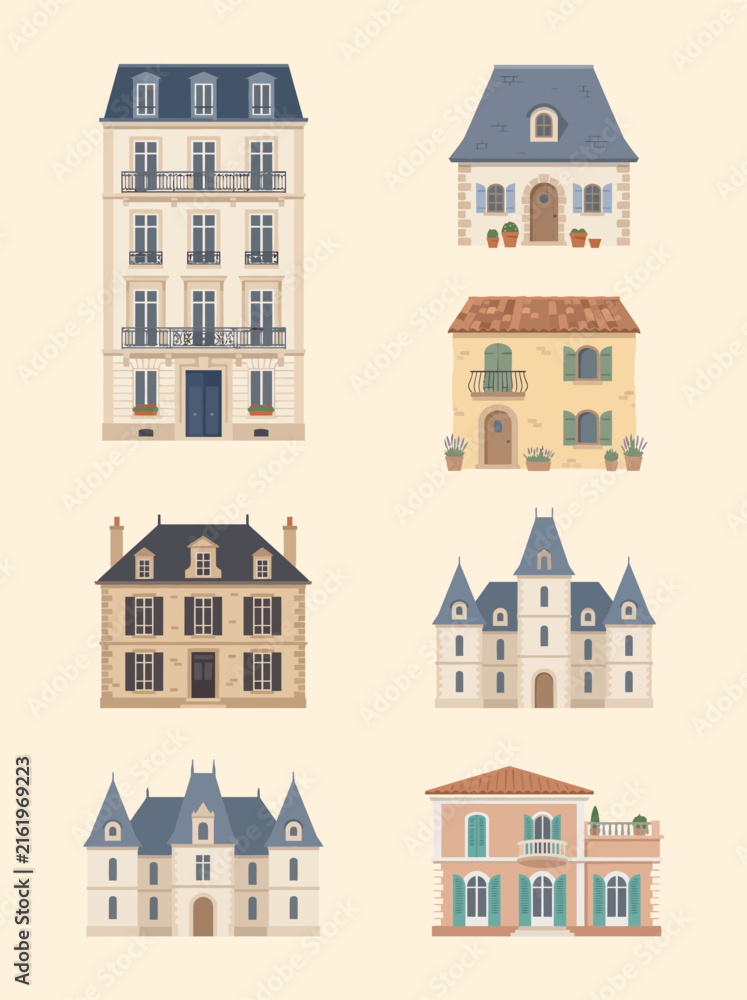 Fototapeta premium French architectural building illustrations including chateaus and apartments