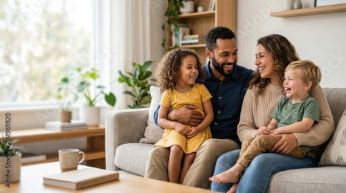 Happy multi-generational family sitting together on sofa in living room with children and parents