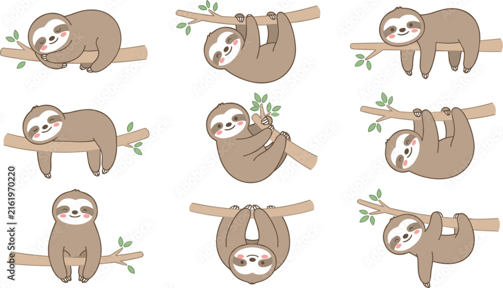 Naklejka premium Cute sloth character doodle set featuring funny cartoon sloths sleeping hanging and climbing on tree branches