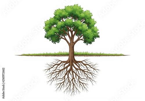 Green tree with roots growing in soil