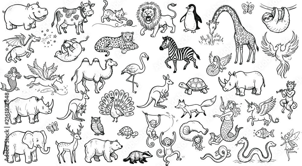 Naklejka premium Cute cartoon animals and mythical creatures sticker set featuring lion elephant dragon pegasus giraffe and mermaid vector