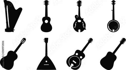 String Musical Instrument Silhouette Collection with Guitar Harp Banjo Mandolin and Balalaika Icons