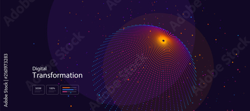 Abstract digital transformation concept with a glowing particle sphere on a dark background, representing global connectivity and data networking