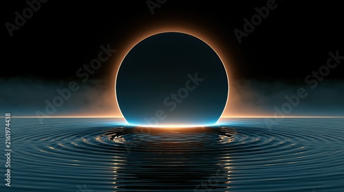 Abstract dark full eclipse shaped circle with warm glowing golden edge rising from calm gently wavy water against dark night sky creates magical mysterious modern landscape decorative art