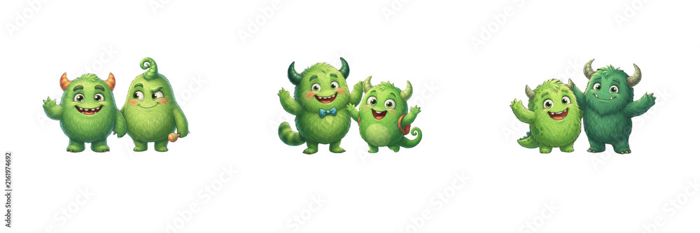 Fototapeta premium Cute Green Monster Clipart Set Cute Little Monsters Couple Cartoon Character Illustration Playful Fantasy Creatures Friends Elements for Kids Nursery Craft Scrapbooking PNG