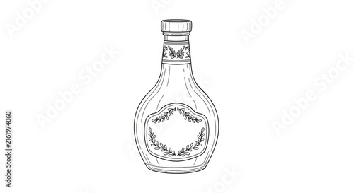 A detailed black and white line drawing depicts a decorative bottle. The bottle has a rounded body, a narrow neck, and a short, cylindrical stopper.