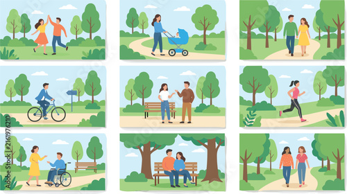 People in park activity illustrations set featuring couples walking running cycling sitting on benches and strolling with baby stroller