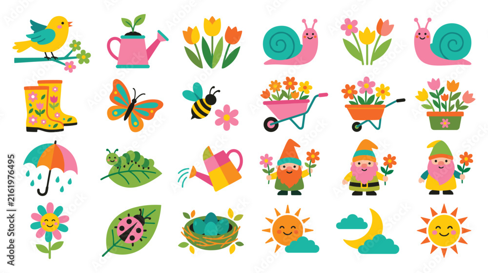 Fototapeta premium Spring garden scene with cute gnomes, butterflies, and flowers for cheerful design.