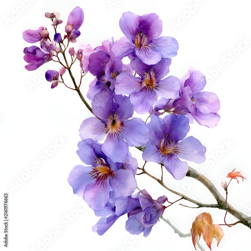 Beautiful watercolor painting of blooming purple jacaranda flowers on a white background