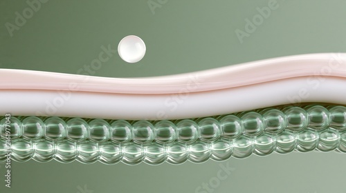 Abstract modern 3d render with soft smooth pink wavy shape arranged above rows of transparent glossy glass spheres single bead floating above against muted green background