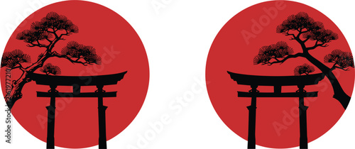 Traditional Japanese landscape vector badges featuring shinto torii gate and pine bonsai trees over red rising sun