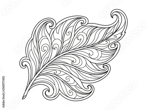 A detailed, black and white line drawing depicts a stylized leaf. The leaf features intricate, swirling patterns and flowing curves, resembling a feather or a delicate floral element.