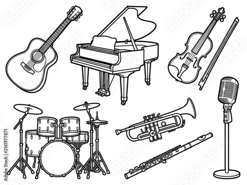 Several musical instruments are arranged on a white background. A grand piano, an acoustic guitar, a violin, a microphone, a drum set, a trumpet, a trombone, and a flute are depicted.