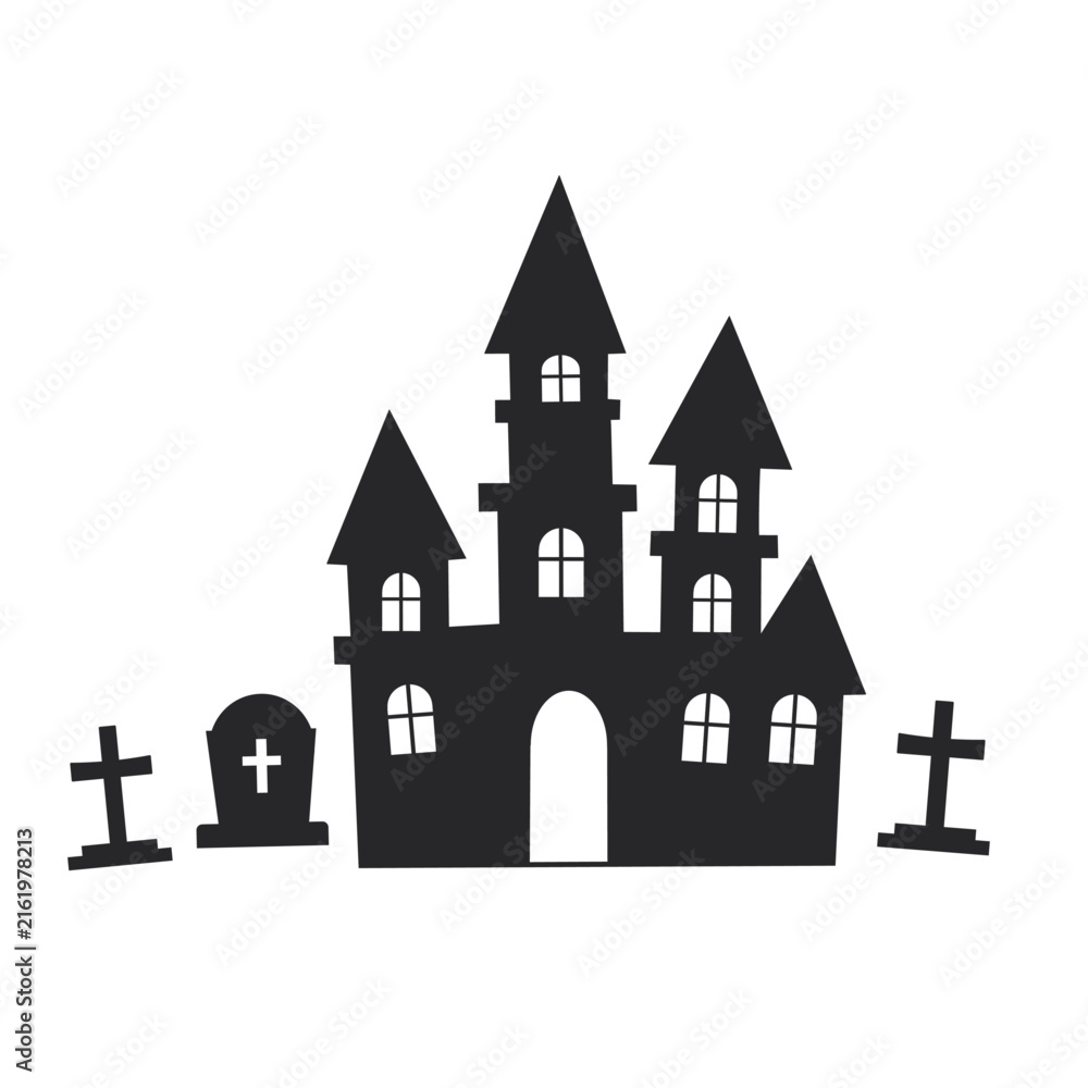 Fototapeta premium ハロウィン素材 ハロウィンの屋敷と墓地 ベクターモノクロイラスト
