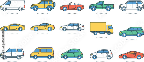 Car body styles line vector icon set featuring sedan coupe hatchback suv pickup truck van and commercial transport