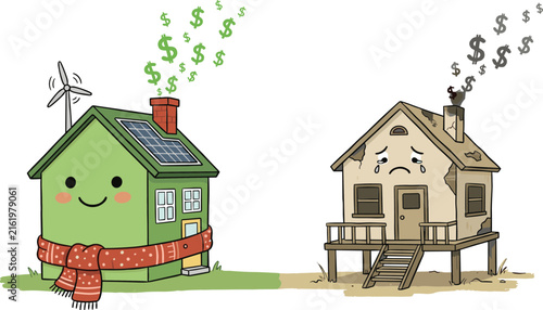 Energy efficient green eco house comparison with old poorly insulated home losing money cartoon illustration