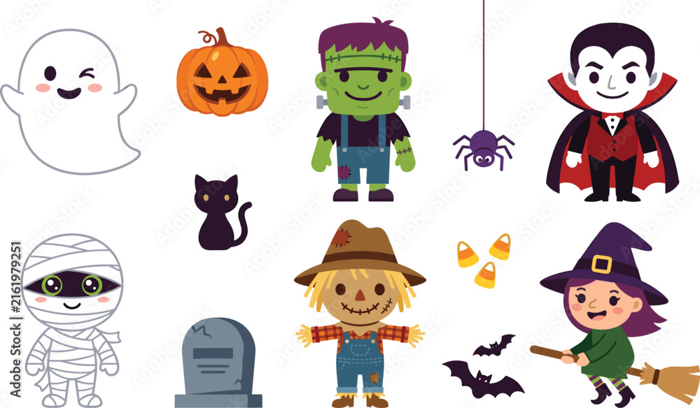 Obraz premium Cute Halloween Character Collection with Ghost, Frankenstein, Dracula, Witch, Mummy, Scarecrow, Black Cat, Pumpkin, Bats, and Spooky Decorations