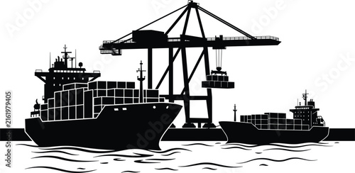 Container ship and harbor crane silhouette illustration representing industrial cargo port logistics and maritime transportation