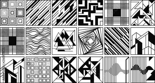 Abstract geometric pattern collection featuring black and white optical illusions checkered lines stripes and wave textures