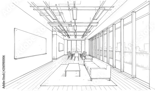 Modern office lounge and conference room interior perspective sketch displaying panoramic windows and structural ceiling layout