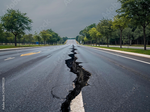 Earthquake disaster cracked asphalt road background