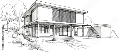Modern two story residential house architecture sketch showing minimalist luxury villa building exterior and landscape design