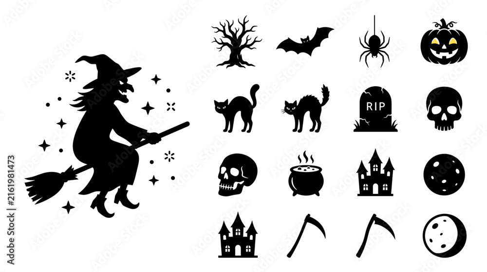Fototapeta premium Halloween silhouette icon set featuring witch pumpkin and spooky elements