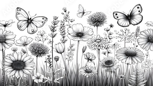 Delicate black and white line art illustration of a meadow filled with various wildflowers and butterflies