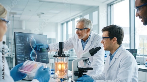 Scientists Working in Modern Laboratory Analyzing DNA Samples with Equipment