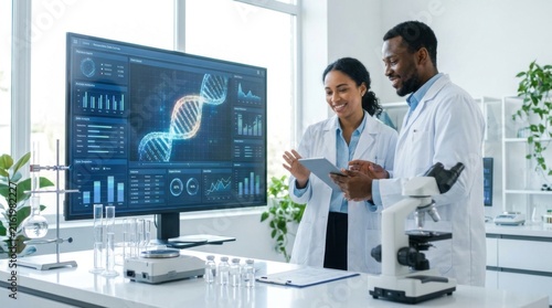 Scientists Analyzing DNA Data in Modern Laboratory with Microscope and Digital Display