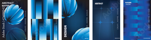 Set of modern blue abstract geometric covers with spherical shapes and dark gradient patterns for business brochures