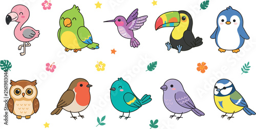 Colorful Bird Character Collection with Tropical Birds, Cute Cartoon Wildlife Illustrations and Exotic Animal Vector Set for Kids Designs